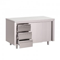 TABLE ARMOIRE INOX AVEC PORTES COULISSANTES ET 3 TIROIRS